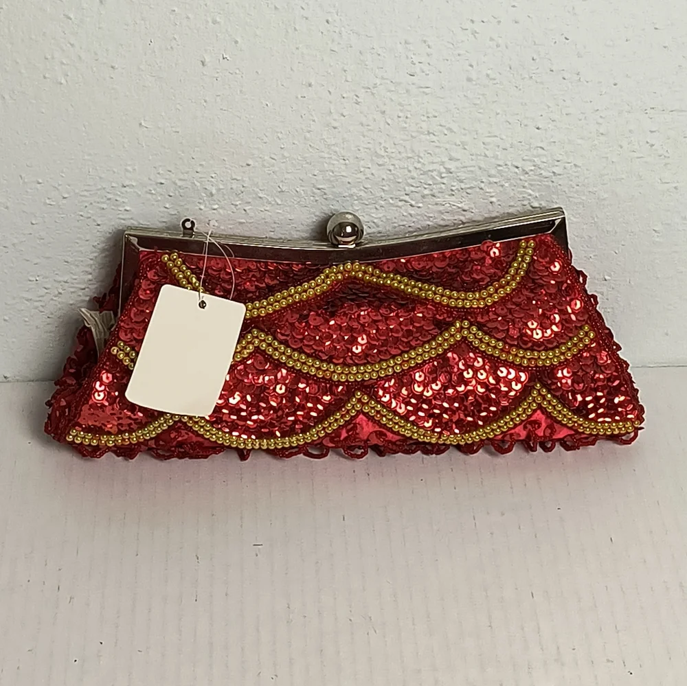 Evening Sequin Satin Mini Bag Beads Clutch Kiss Lock Red Metal Two Strap_2